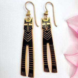 Vintage Laurel Burch “Charms” Black Cat Dangle Earrings Cloisonné Artist Signed